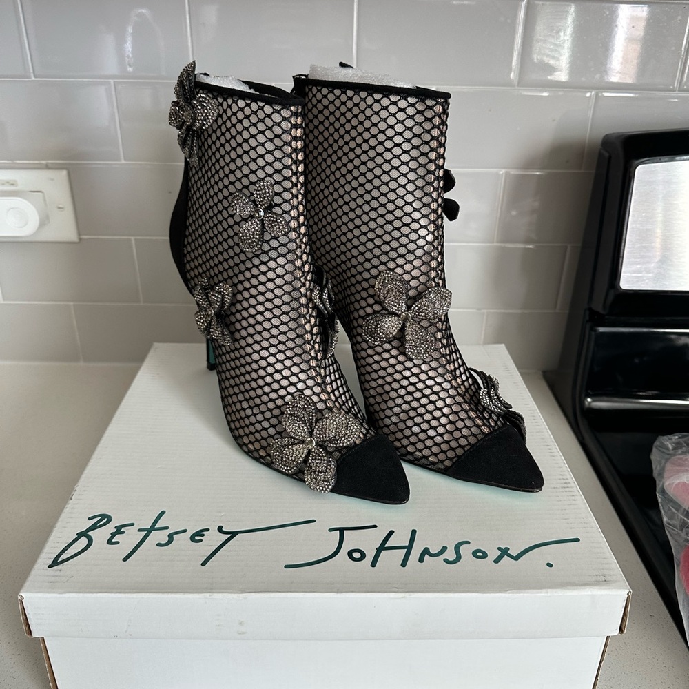 Betsey Johnson Black Mesh Heeled Boots with Glitter Floral Accents